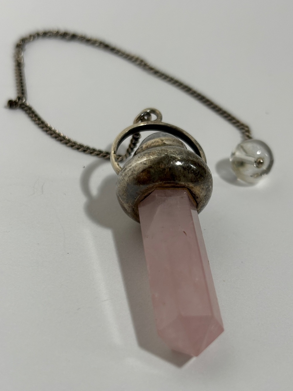 VTG 950 Sterling Fine Silver Two-Stone Rose & Clear Quartz Crystal Pendulum